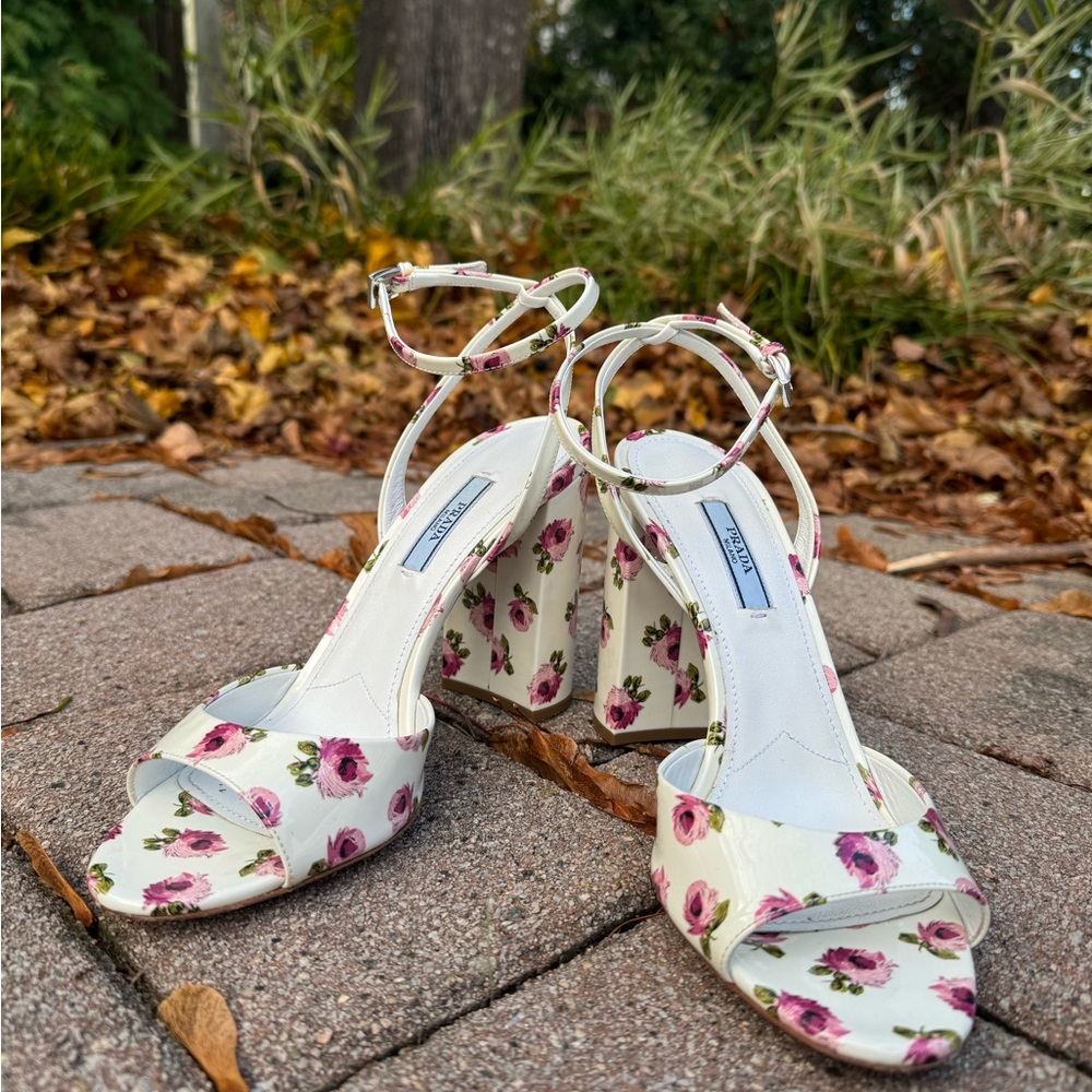 Prada Floral Block Heel Sandals - Cream and Pink